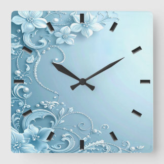 Blue Decorative Floral Wall Clock Fyrkantig Klocka