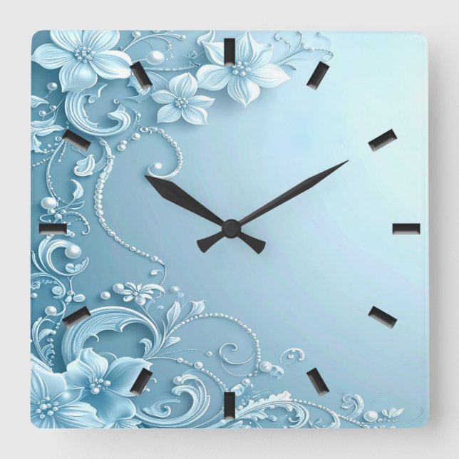 Blue Decorative Floral Wall Clock Fyrkantig Klocka (Framsida)