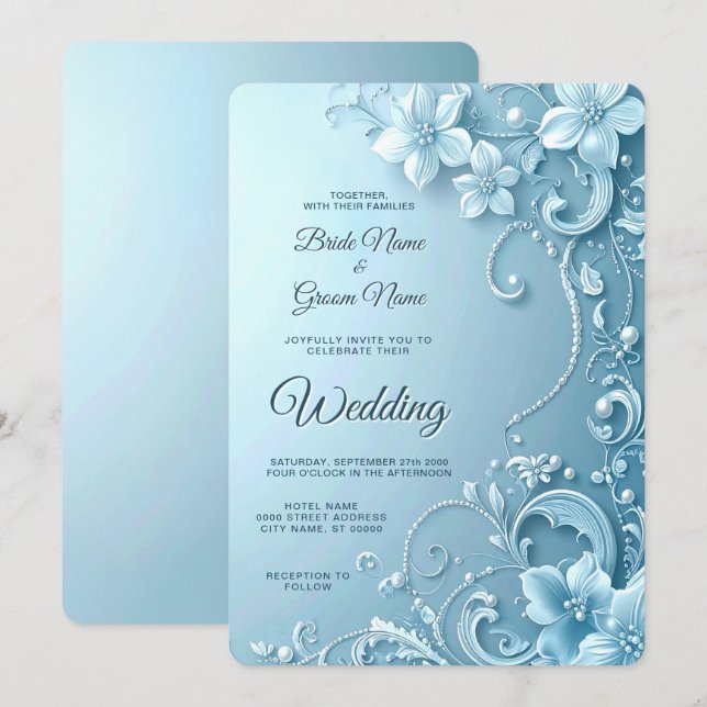 Blue Decorative Floral Wedding Invitation Inbjudningar (Fram/baksida)