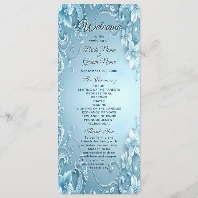 Blue Decorative Floral Wedding Program (Framsida)