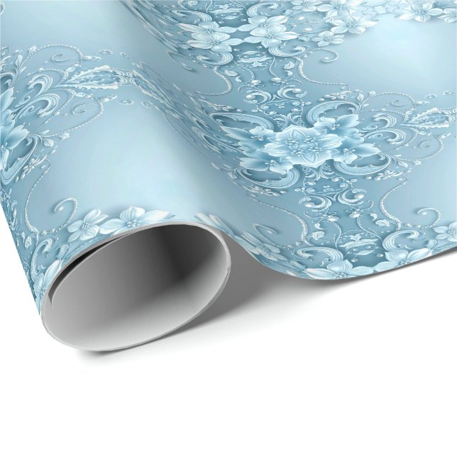 Blue Decorative Floral Wrapping Paper Presentpapper (Rullad Hörn)