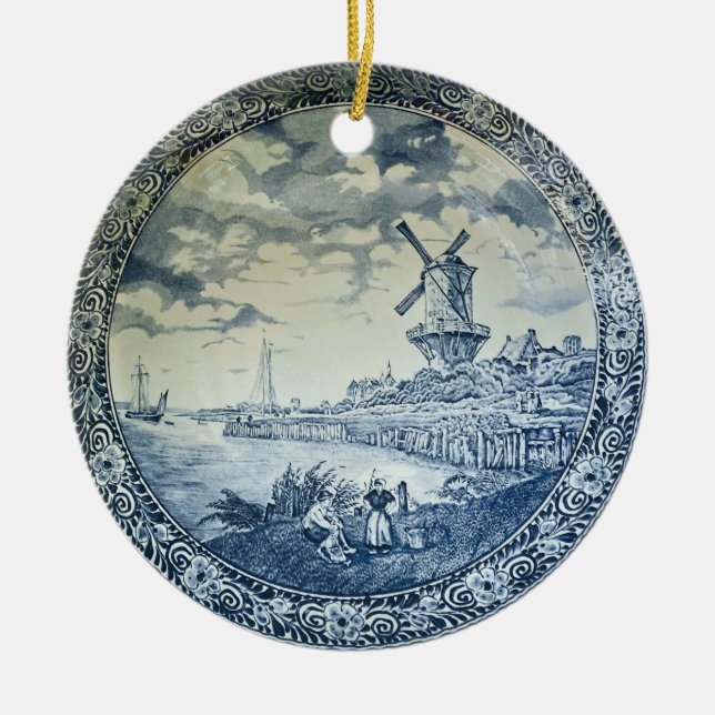 Blue Delft Kvarn Dutch Plate Julgransprydnad Keramik (Framsidan)