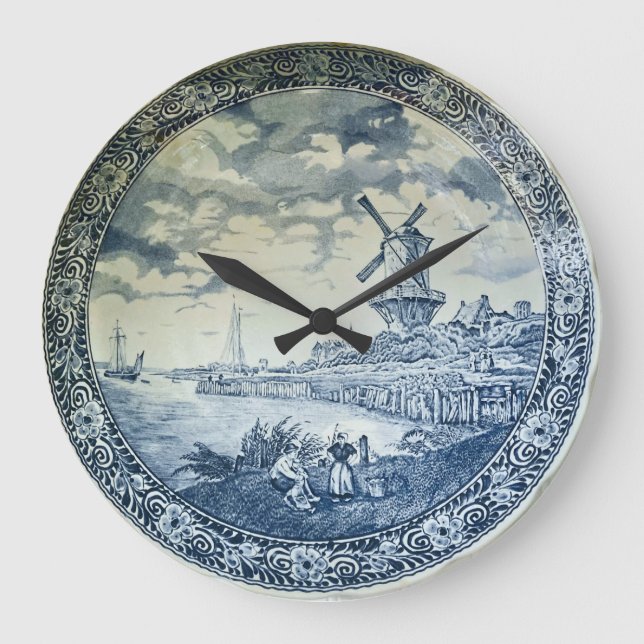 Blue Delft Kvarn Dutch Plate Stor Klocka (Framsida)