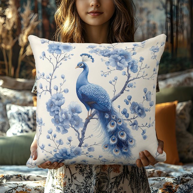 Blue Delft Peacock Elegant Bedroom Kudde (Skapare uppladdad)