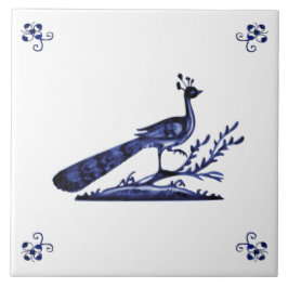 Blue Delft Peacock Kakelplatta