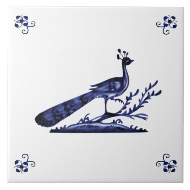Blue Delft Peacock Kakelplatta (Framsidan)