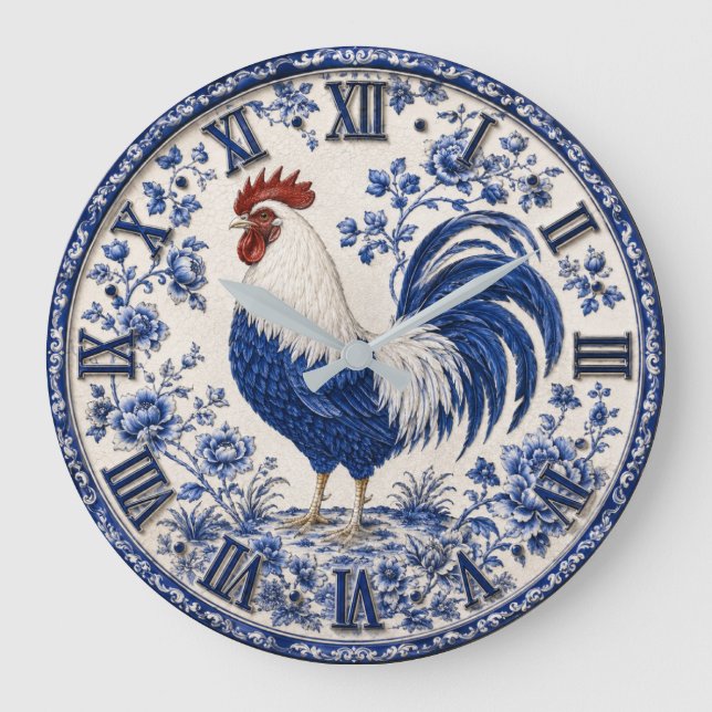 Blue Delft Rooster Farmhouse Stor Klocka (Framsida)