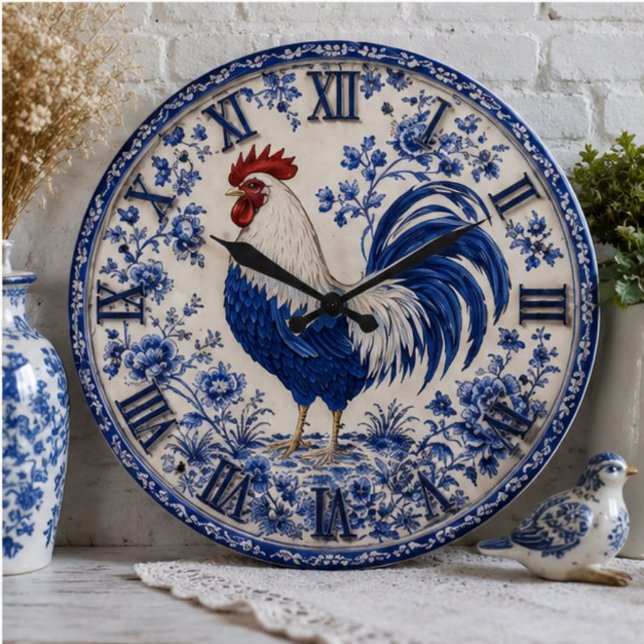 Blue Delft Rooster Farmhouse Stor Klocka (Skapare uppladdad)