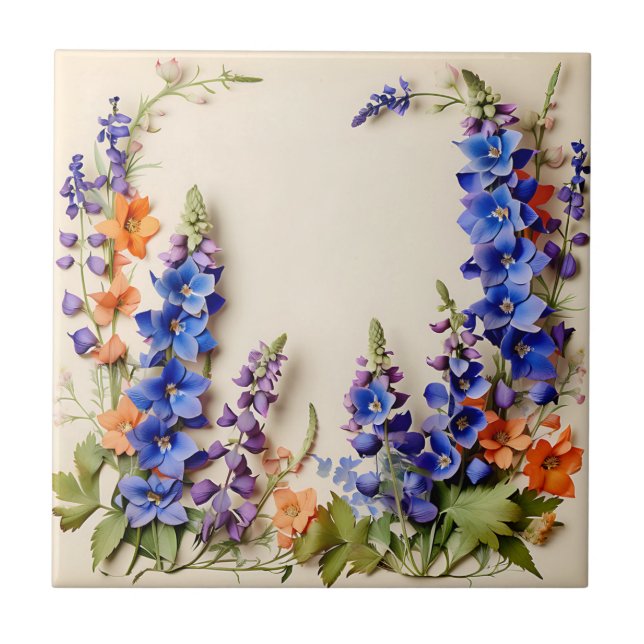 Blue Delphinium Blommigt Kakelplatta (Framsidan)