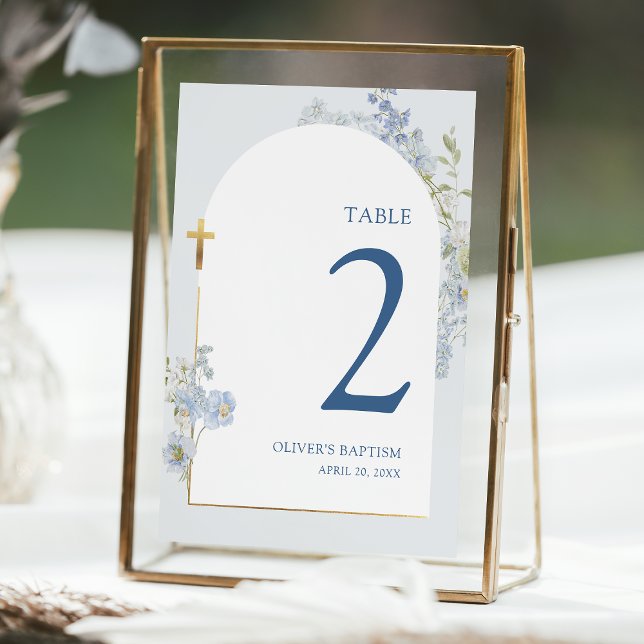 Blue Delphinium Floral Boy Baptism Table Number Inbjudningar (Skapare uppladdad)