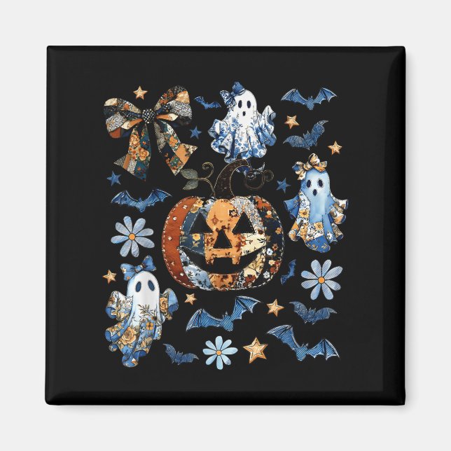 Blue Denim Blommigt Patchwork Pumpkin Ghost Coquet Magnet (Framsidan)