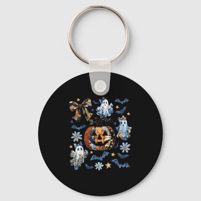 Blue Denim Blommigt Patchwork Pumpkin Ghost Coquet Nyckelring (Framsida)