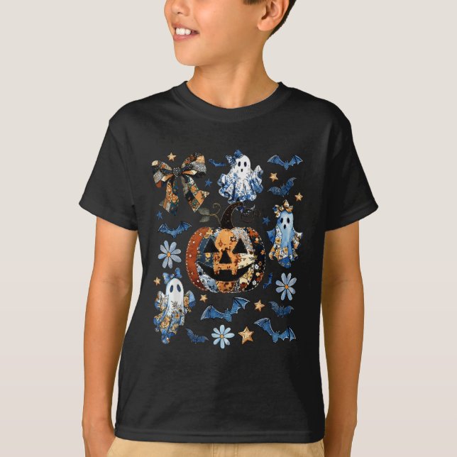 Blue Denim Blommigt Patchwork Pumpkin Ghost Coquet T Shirt (Framsida)