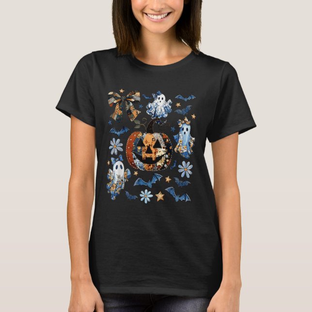 Blue Denim Blommigt Patchwork Pumpkin Ghost Coquet T Shirt (Framsida)