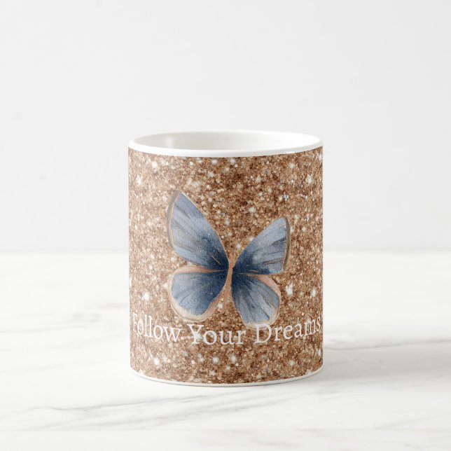 Blue Denim Butterfly Rustic Gold Glitter Kaffemugg (Center)