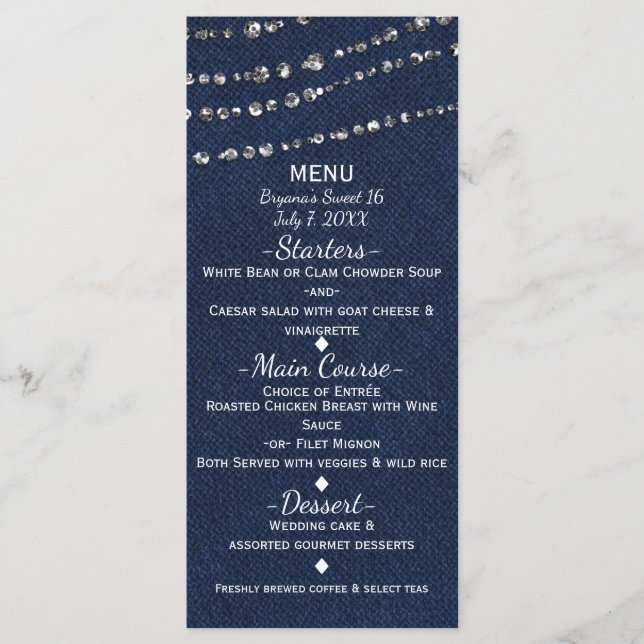 Blue Denim & Diamonds Gnistra Bling Party Menu Meny (Framsida)