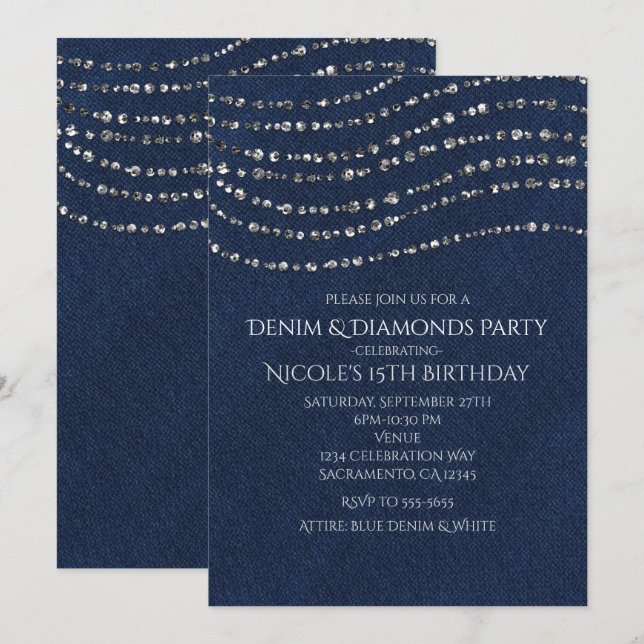 Blue Denim & Diamonds Gnistrande Bling Födelsedags Inbjudningar (Fram/baksida)