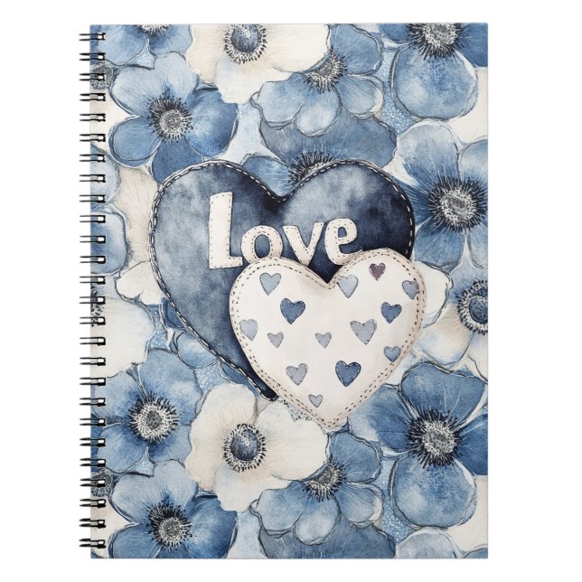 Blue Denim Hearts Flowers Kärlek Anteckningsbok (Framsidan)