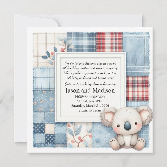 Blue Denim Koala Baby Shower Invitation Inbjudningar (Framsida)