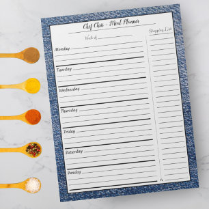 Blue Denim Meal Planner Trendig Livsmedel-lista Anteckningsblock