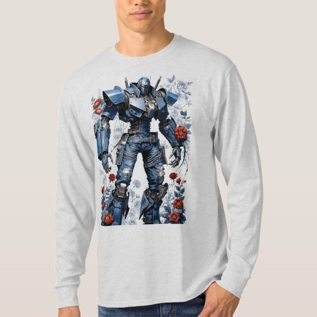 Blue Denim Mech Robot med Röd ros T Shirt (Framsida)