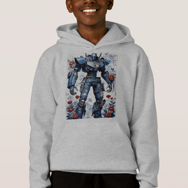 Blue Denim Mech Robot med Röd ros T Shirt (Framsida)
