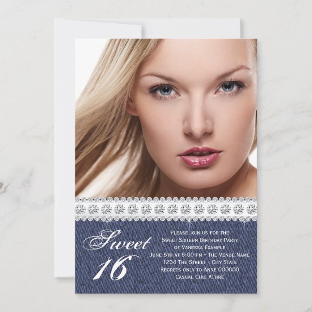 Blue Denim och Diamond Sweet sixteen Party Inbjudningar (Framsida)
