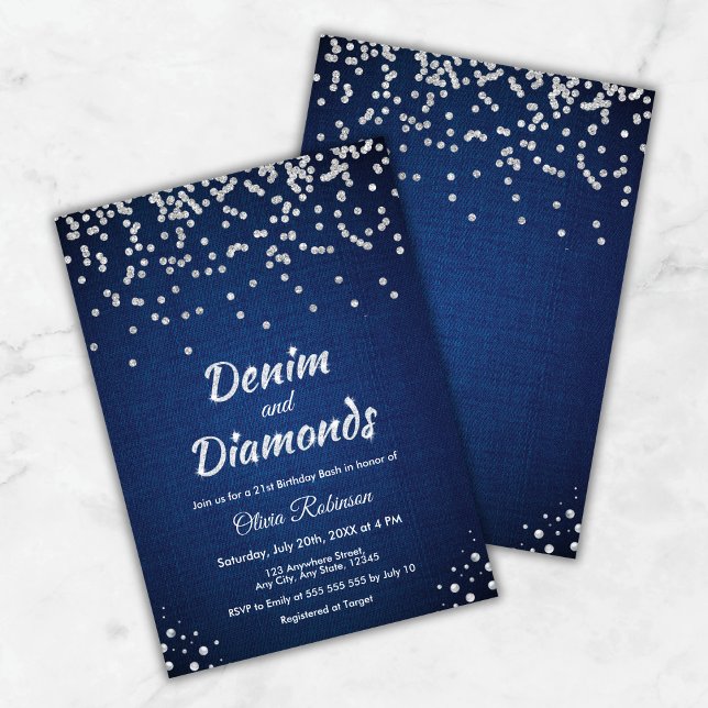 Blue Denim och Diamonds 21:a födelsedagen Inbjudningar (Blue Denim and Diamonds 21st Birthday Invitation )