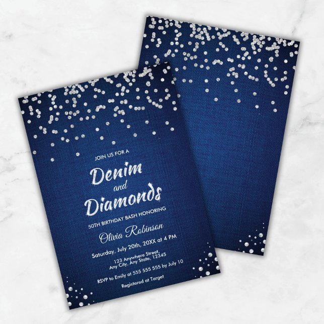 Blue Denim och Diamonds 50:e födelsedagen Inbjudningar (Blue Denim and Diamonds 50th Birthday Invitation   )