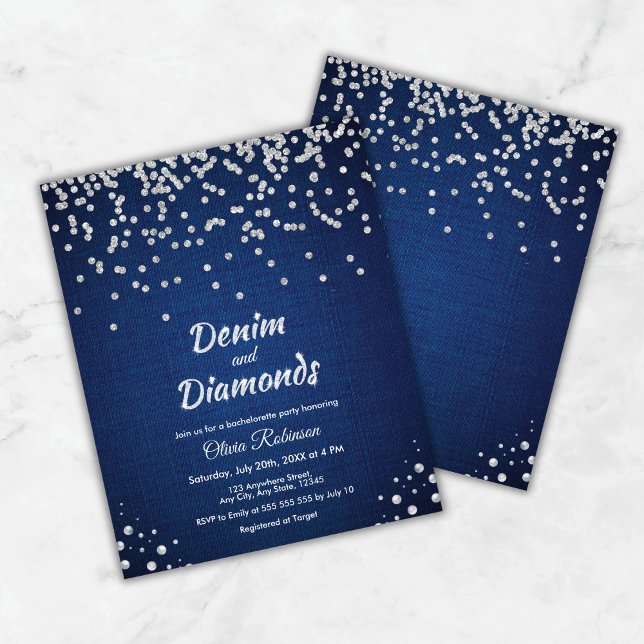 Blue Denim och Diamonds Bachelorette Party Inbjuda (Budget Blue Denim and Diamonds Bachelorette Party Invite     )