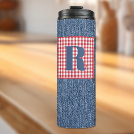 Blue Denim, Red & White Check, Large Initial 12oz