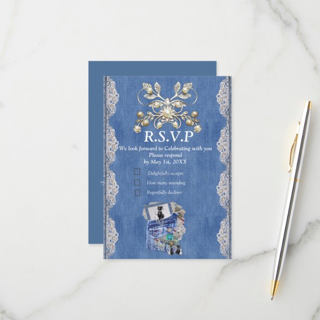 Blue Denim, snöre, Costume Jewelry & Kittens OSA Kort (Fram/Back In Situ)