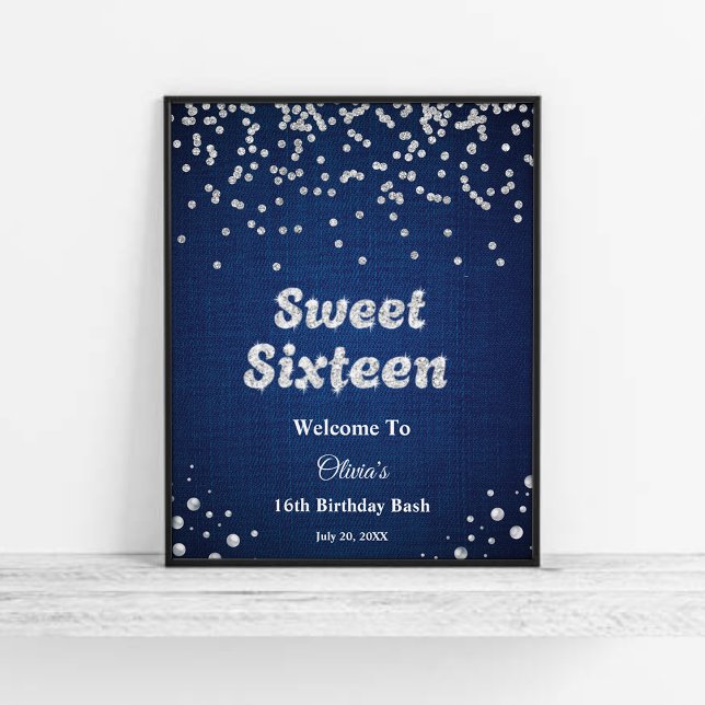 Blue Denim Sweet sixteen 16:e födelsedag Välkommen Poster (Blue Denim Sweet Sixteen 16th Birthday Welcome Sign )