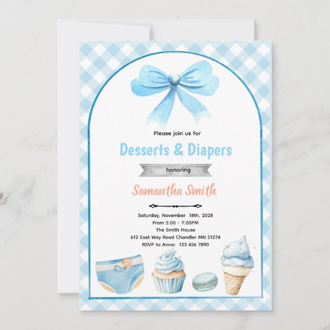 Blue Desserts and Diapers Baby shower Invitation Inbjudningar (Framsida)