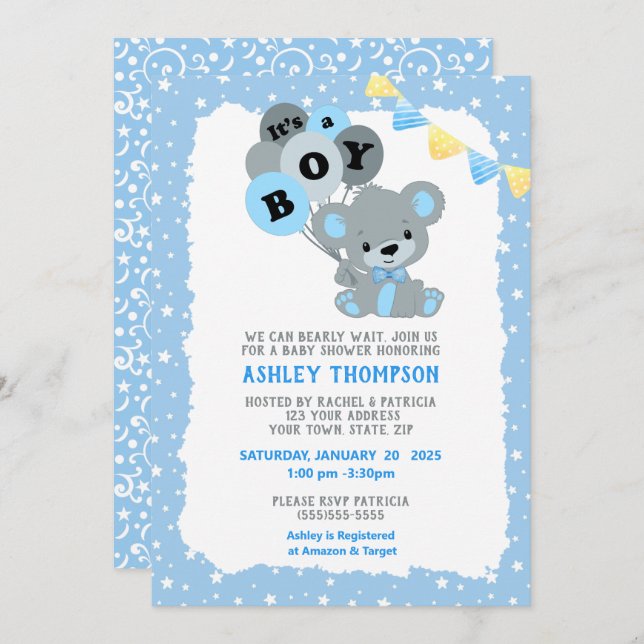 Blue Det är en pojk Bear Balloons Baby Shower Inbjudningar (Fram/baksida)