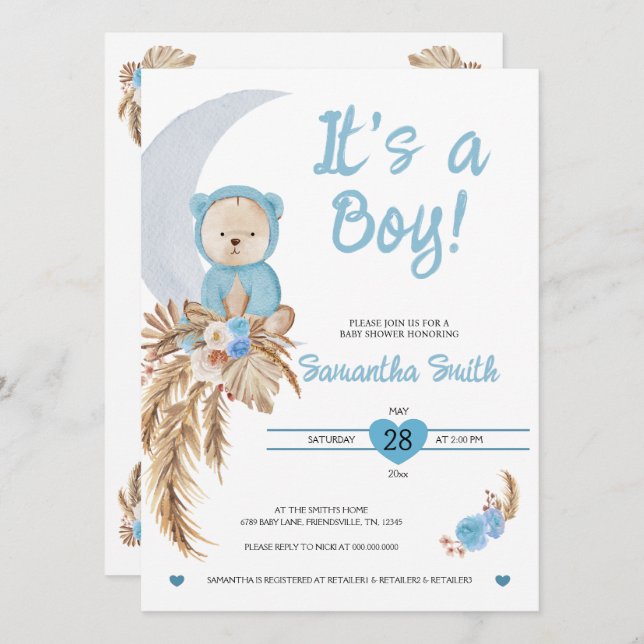 Blue Det är en pojk Boho Bear Måne Baby Shower Inbjudningar (Fram/baksida)