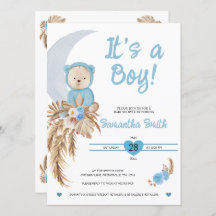 Blue Det är en pojk Boho Bear Måne Baby Shower