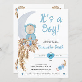 Blue Det är en pojk Boho Bear Måne Baby Shower Inbjudningar