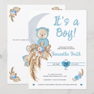 Blue Det är en pojk Boho Bear Måne Baby Shower Inbjudningar
