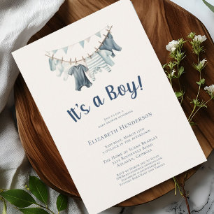 Blue Det är en pojk Clothesline Baby Shower Inbjudningar