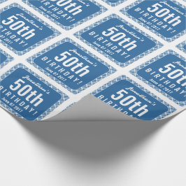 BLUE DIAGONAL PLAID 50:e Födelsedagsfesten Z07L Presentpapper