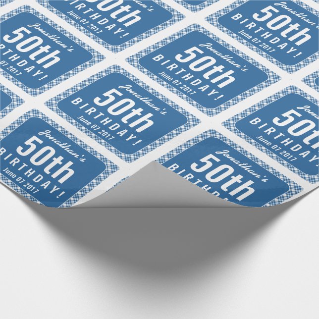 BLUE DIAGONAL PLAID 50:e Födelsedagsfesten Z07L Presentpapper (Hörn)