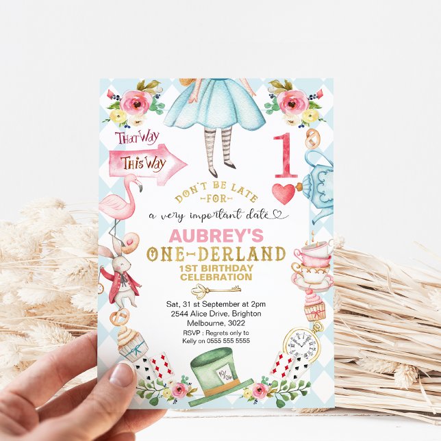 Blue Diamond Heart Alice One-derland 1:a födelseda Inbjudningar (Alice in Onederland 1st Birthday Invitation, Blue Diamond Pattern Red Heart, Floral Alice Onederland)