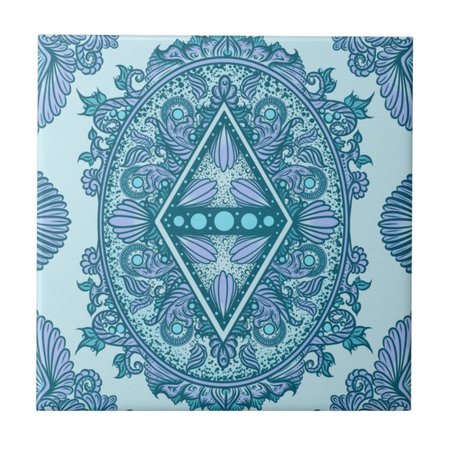 Blue Diamond Mandala | Ornate Turcos & Lavender Kakelplatta (Framsidan)