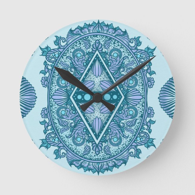 Blue Diamond Mandala Rund Klocka (Framsida)