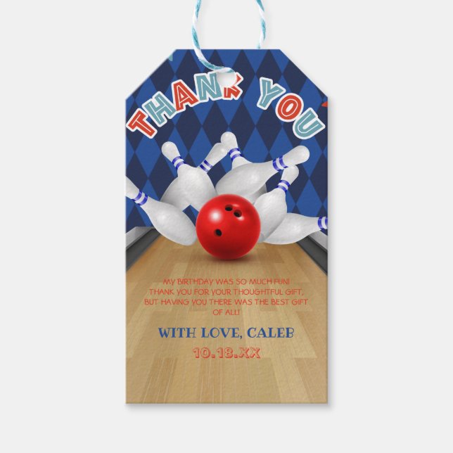 Blue Diamond Rand Lets Strejka Bowling Birthday Presentetikett (Framsidan)