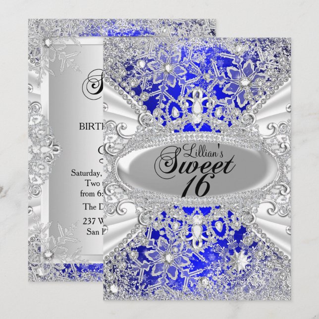 Blue Diamond Snowflake Winter Wonderland Sweet 16 Inbjudningar (Fram/baksida)