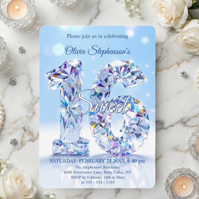 Blue Diamond Sparkle Glamorous Sweet 16 Birthday Inbjudningar (Skapare uppladdad)