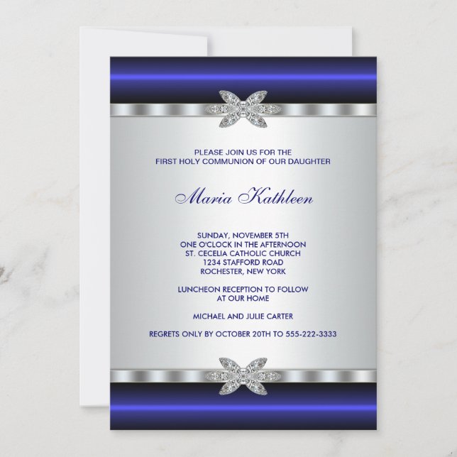 Blue Diamond White Girls First Communion Inbjudningar (Framsida)