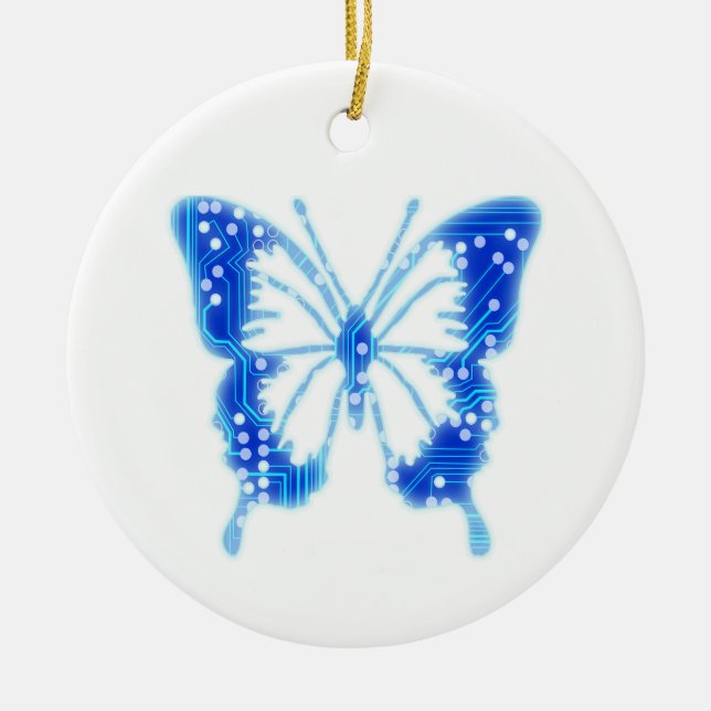 Blue Digital Butterfly, anpassa bakgrunden Julgransprydnad Keramik (Framsidan)